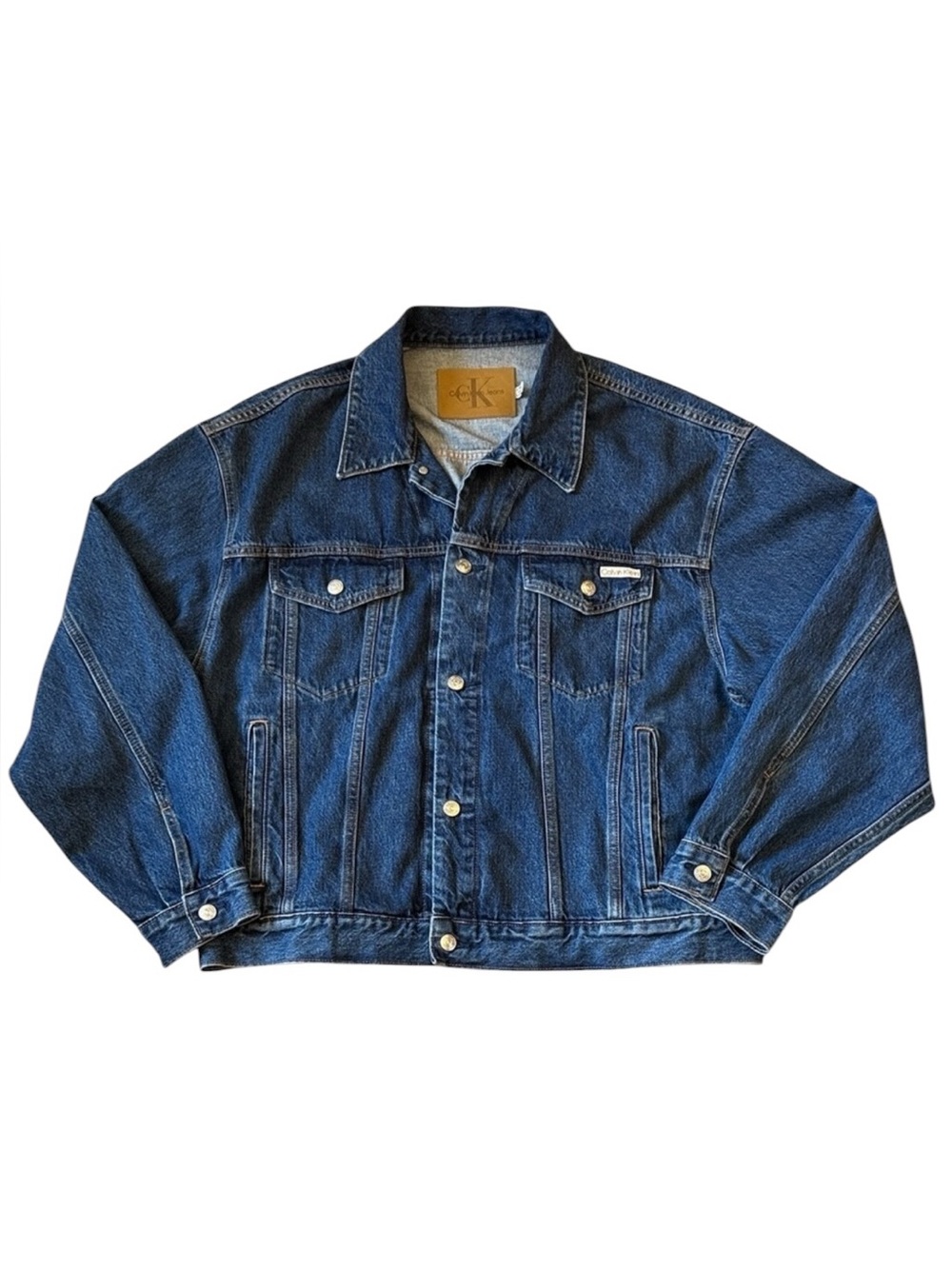 Calvin Klein Jeans Denim Trucker Jacket XL Blue Logo Button Classic Jean Jacket